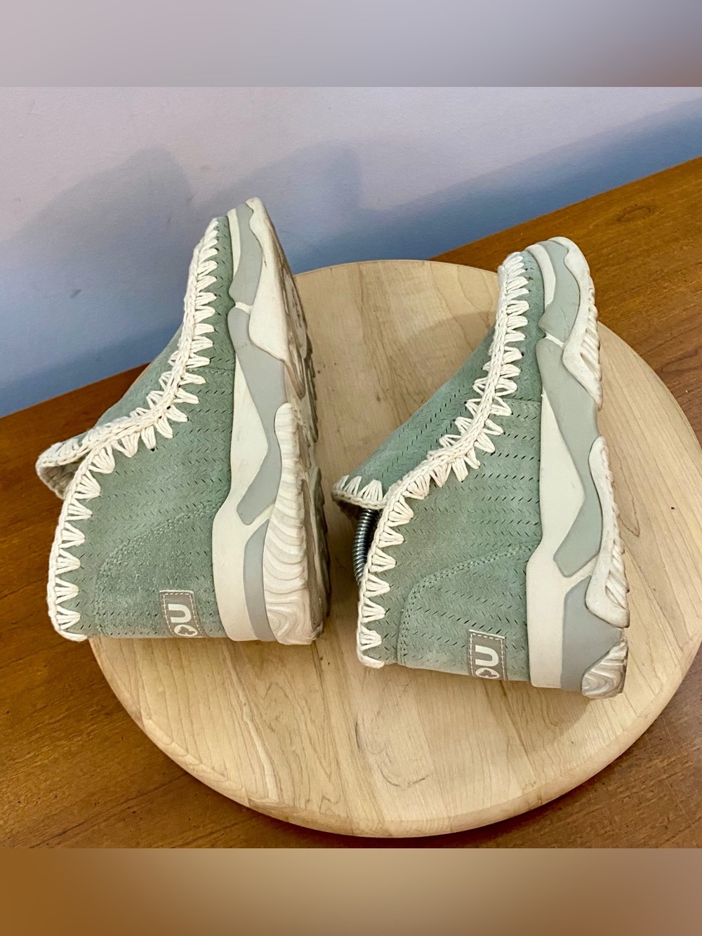 Mou Eskimo Sneaker Boots Sage Green Sheepskin Wool Crochet Stitching Womens US 9 - Picture 7 of 11